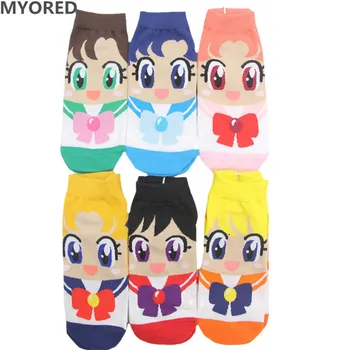 MYORED Пролет лято модерни дамски къси чорапи-тръба памучни чорапи с герои от анимационни филми Сладки сладки чорапи sailor moon дамски чорапи до глезена 6 чифта/лот