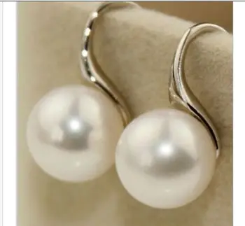 двойката кръгли, бели перли обици 9-10 мм на Южното море от сребро проба 925